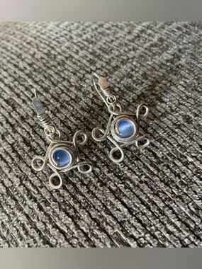 Sterling Silver Wire Wrapped Blue Glass Drop Earrings